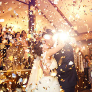 First wedding dance of newlywed. Happy bride and groom and their first dance in the elegant restaurant.